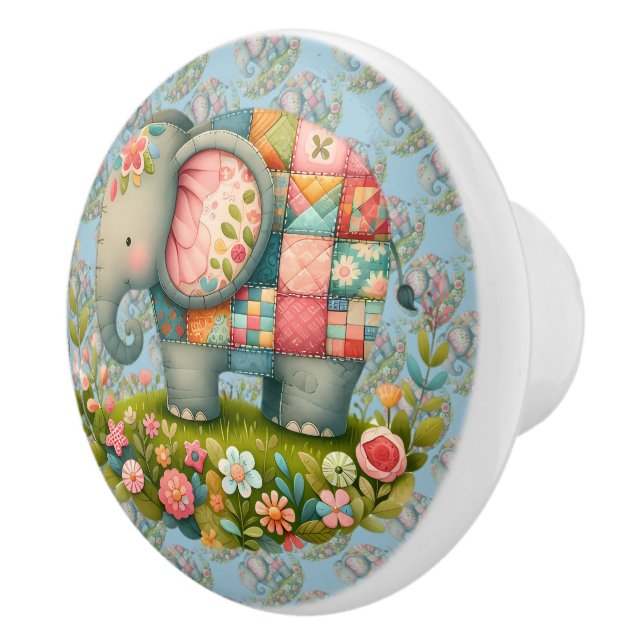 Patchwork-Elefanten-Blumenwiesen-Charm Keramikknauf (Rechts)