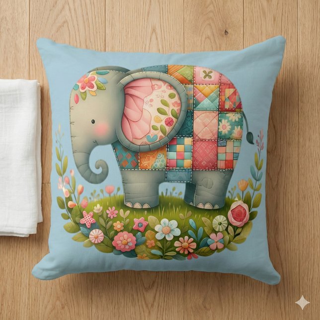 Patchwork-Elefanten-Blumenwiesen-Charm Kissen (Patchwork Elephant Floral Meadow Charm Throw Pillow Mockup A)