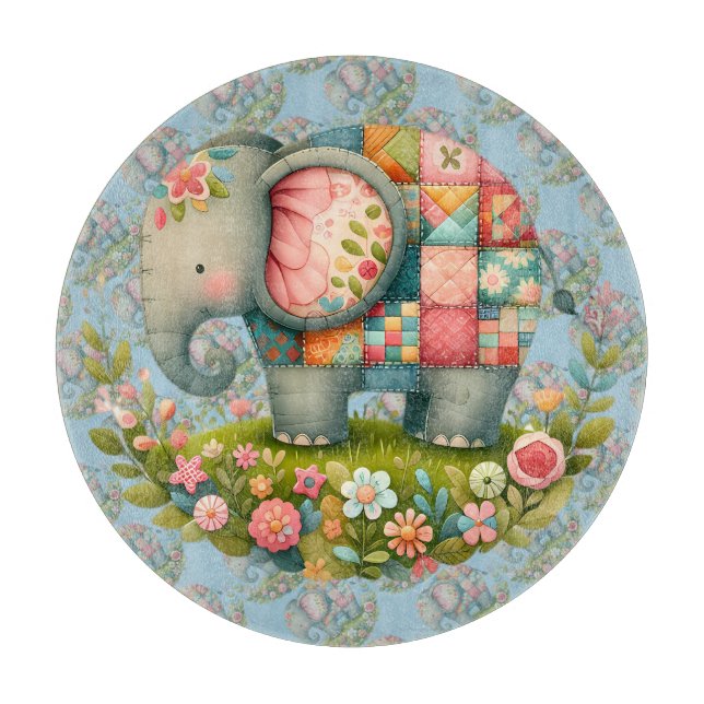 Patchwork-Elefanten-Blumenwiesen-Charm Schneidebrett (Vorderseite)
