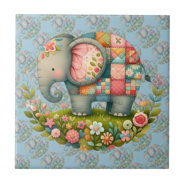 Patchwork Elephant Floral Meadow Charm Fliese (Vorderseite)