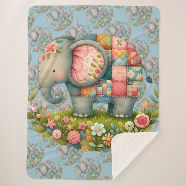 Patchwork Elephant Floral Meadow Charm Sherpadecke (Vorderseite)