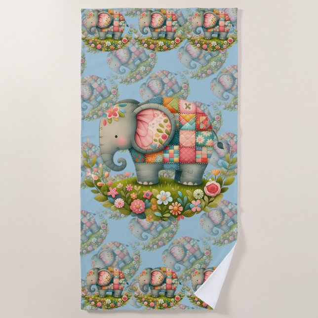 Patchwork Elephant Floral Meadow Charm Strandtuch (Vorderseite)