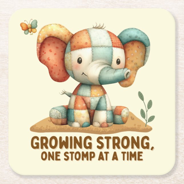 Patchwork Elephant “Growing Strong Rechteckiger Pappuntersetzer (Vorderseite)