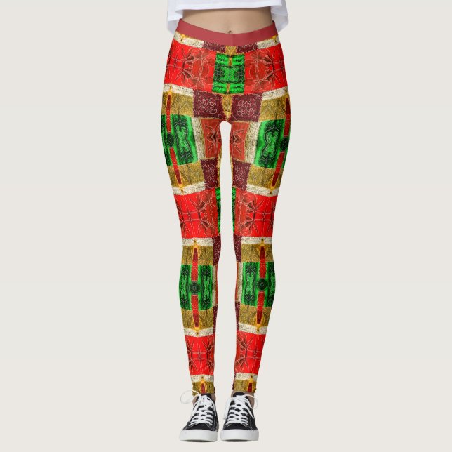 Patchwork Fabric Print Orange Green Gold Stilvoll Leggings (Vorderseite)