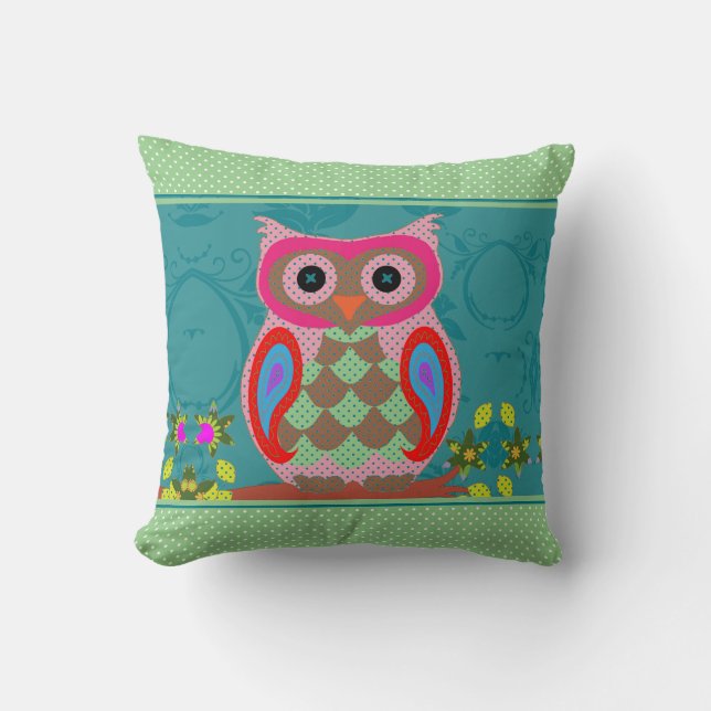 Patchwork Folk Art Owl and Dots Kissen (Vorderseite)