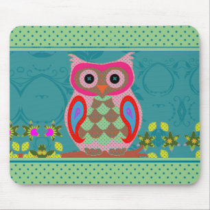 Patchwork Folk Art Owl and Dots Mousepad