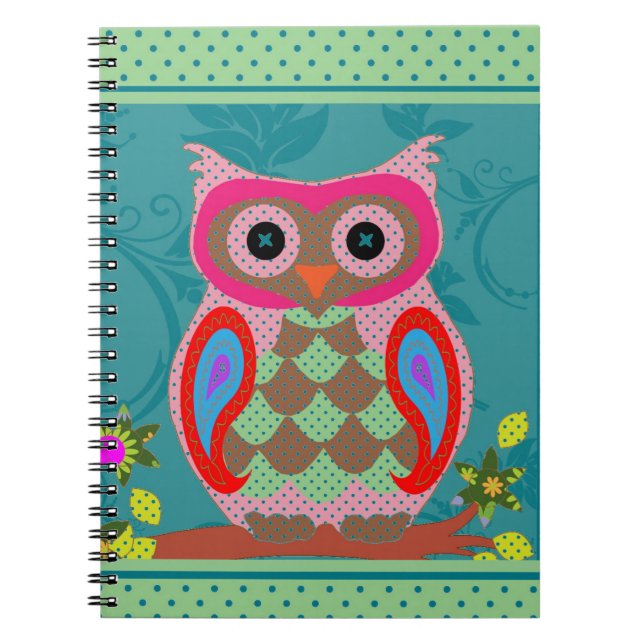 Patchwork Folk Art Owl and Dots Notizblock (Vorderseite)