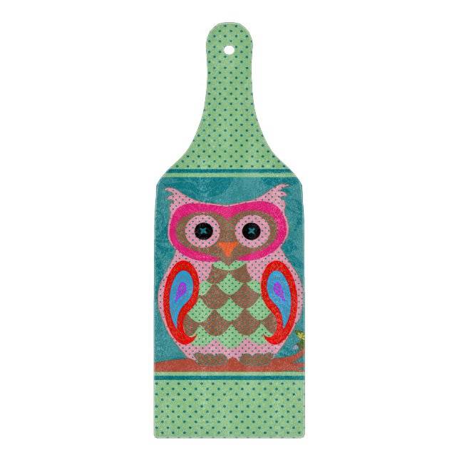 Patchwork Folk Art Owl and Dots Schneidebrett (Vorderseite)
