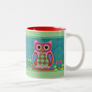 Patchwork Folk Art Owl and Dots Zweifarbige Tasse