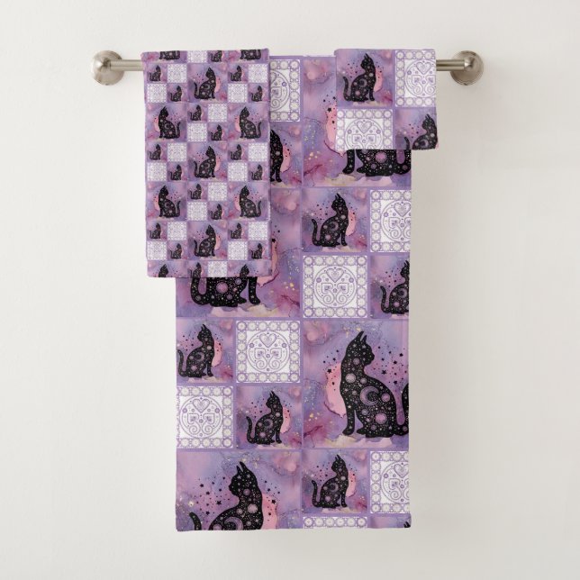 Patchwork für lila kosmische Katzen Badhandtuch Set (Insitu)