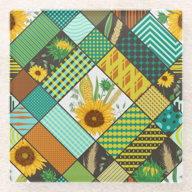 Patchwork-Getreide, Sonnenblumen, geometrisches Mu Glasuntersetzer (Vorderseite)