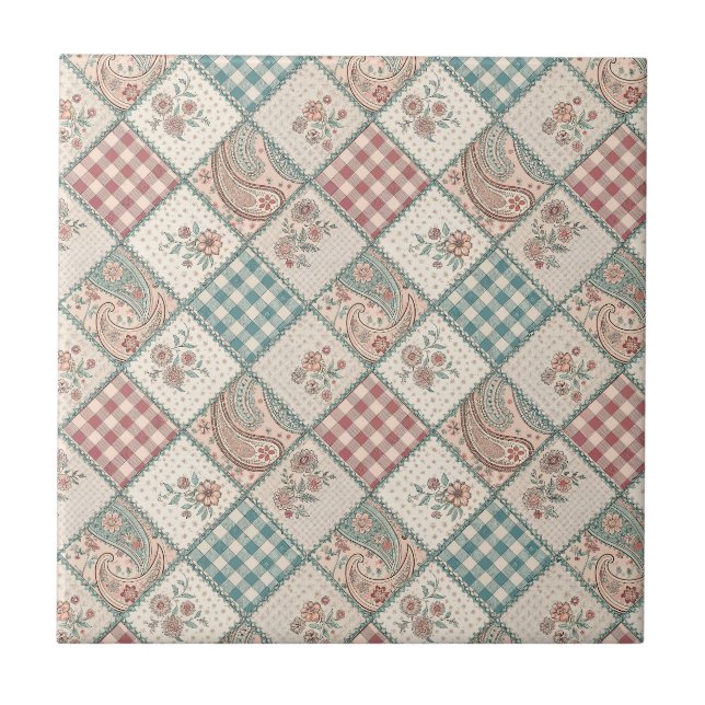 Patchwork-Gingham und karierte, gequiltete Paisley Fliese (Vorderseite)