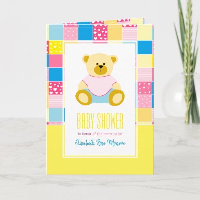 Patchwork Gold Bär, Baby Shower Einladung (Vorderseite)