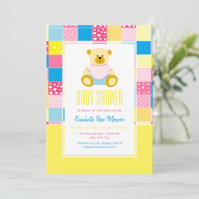 Patchwork Gold Bär, Babydusche Einladung (Stehend Vorderseite)