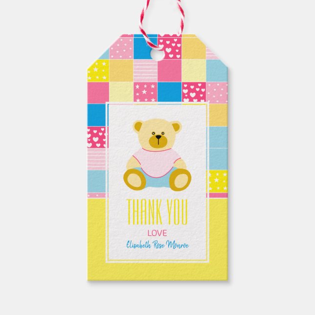 Patchwork Gold Bear, Baby Dusche Vielen Dank Geschenkanhänger (Vorderseite)