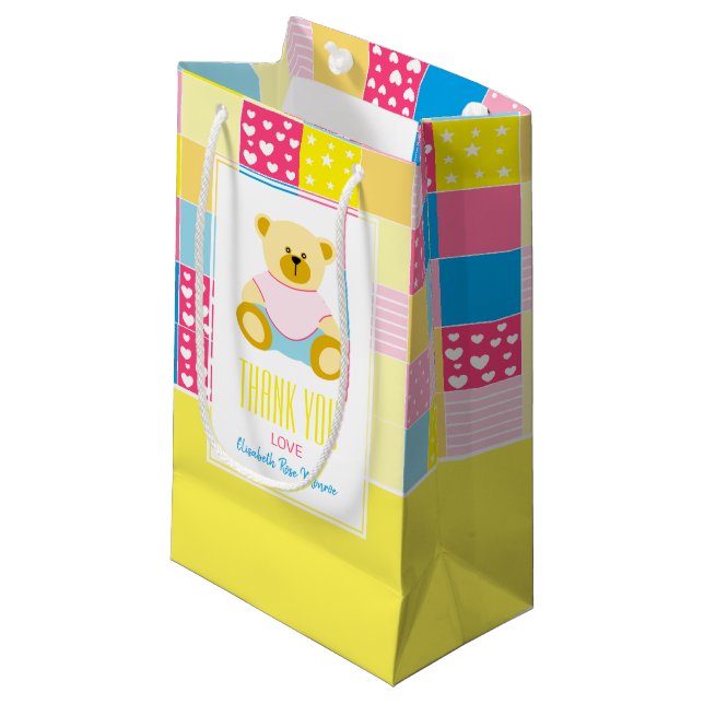 Patchwork Gold Bear, Baby Dusche Vielen Dank Kleine Geschenktüte (Vorderseite Schrägansicht)