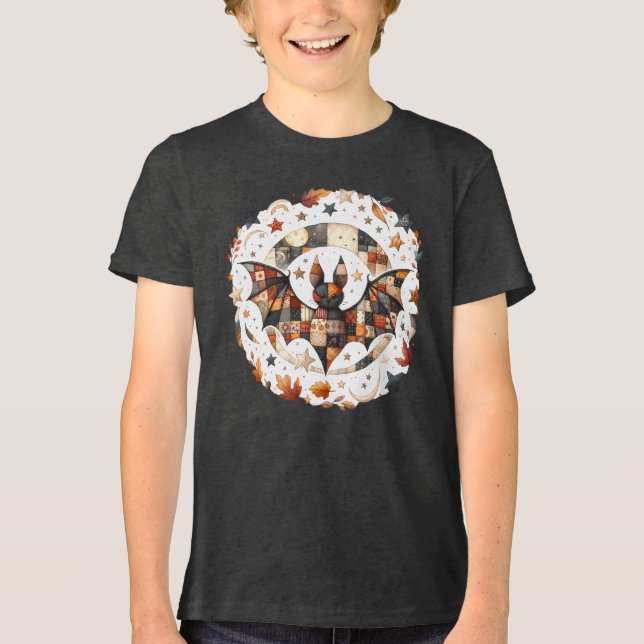 Patchwork Halloween Bat in Herbstfarben Tri-Blend Shirt (Vorderseite)