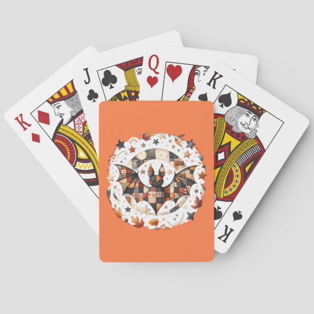 Patchwork-Halloween-Fledermaus in Herbstfarben Spielkarten (Rückseite)