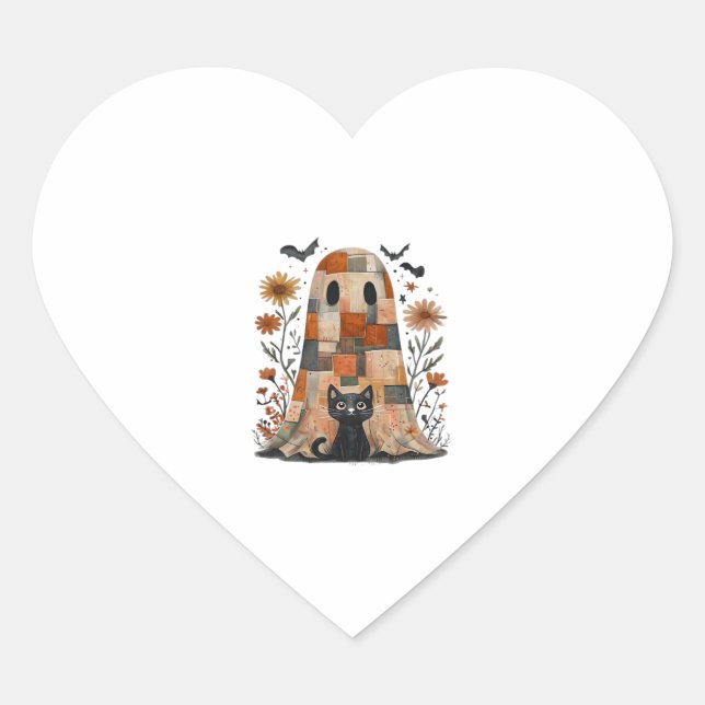 Patchwork Halloween Ghost and Cat , Retro Spooky F Herz-Aufkleber (Vorderseite)