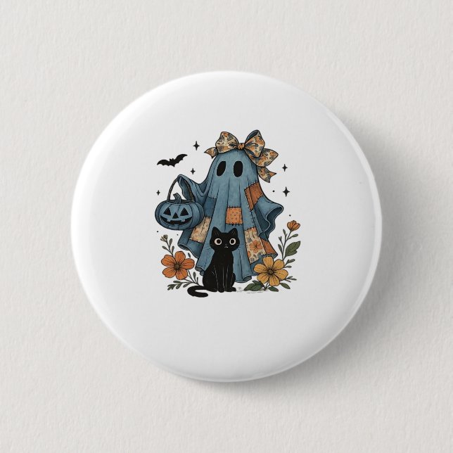 Patchwork Halloween Ghost Black Cat Essential T-Sh Button (Vorderseite)