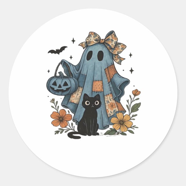 Patchwork Halloween Ghost Black Cat Essential T-Sh Runder Aufkleber (Vorderseite)