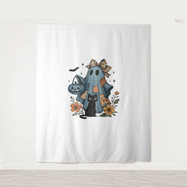 Patchwork Halloween Ghost Black Cat Essential T-Sh Wandteppich (Vorderseite)