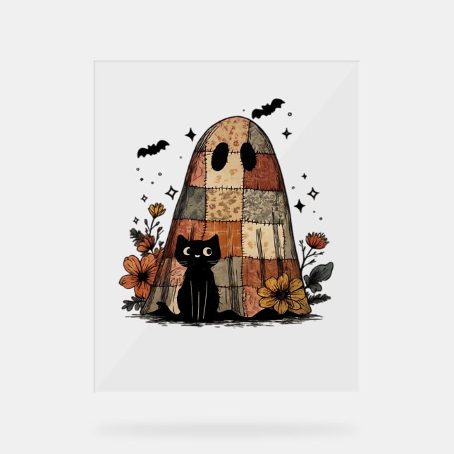 Patchwork Halloween Ghost chat noir Essential T-Sh (Recto)