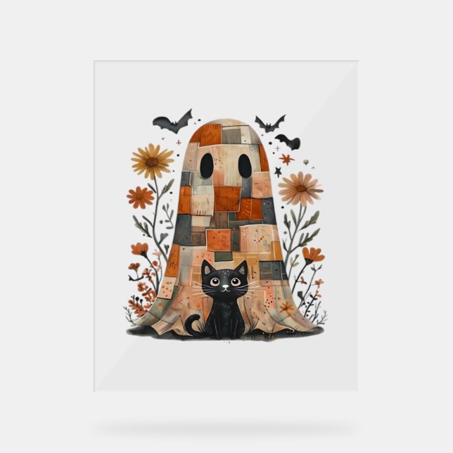 Patchwork Halloween Ghost und Cat , Retro Spooky F Acrylschild (Vorderseite)
