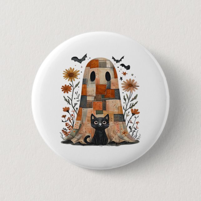 Patchwork Halloween Ghost und Cat , Retro Spooky F Button (Vorderseite)
