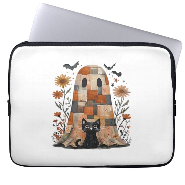 Patchwork Halloween Ghost und Cat , Retro Spooky F Laptopschutzhülle (Vorderseite)