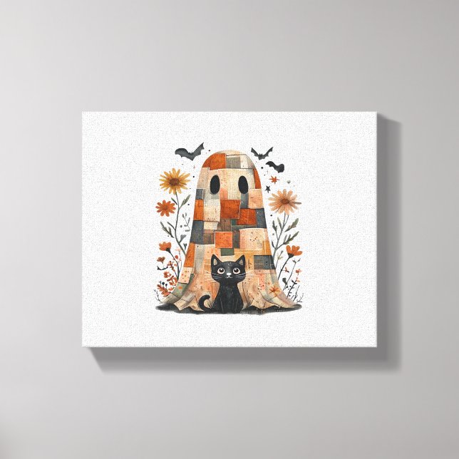 Patchwork Halloween Ghost und Cat , Retro Spooky F Leinwanddruck (Vorderseite)