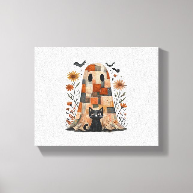 Patchwork Halloween Ghost und Cat , Retro Spooky F Leinwanddruck (Vorderseite)