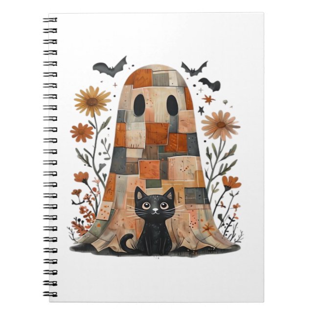 Patchwork Halloween Ghost und Cat , Retro Spooky F Notizblock (Vorderseite)