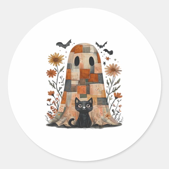 Patchwork Halloween Ghost und Cat , Retro Spooky F Runder Aufkleber (Vorderseite)