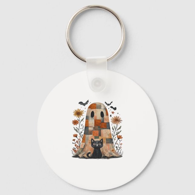 Patchwork Halloween Ghost und Cat , Retro Spooky F Schlüsselanhänger (Vorderseite)