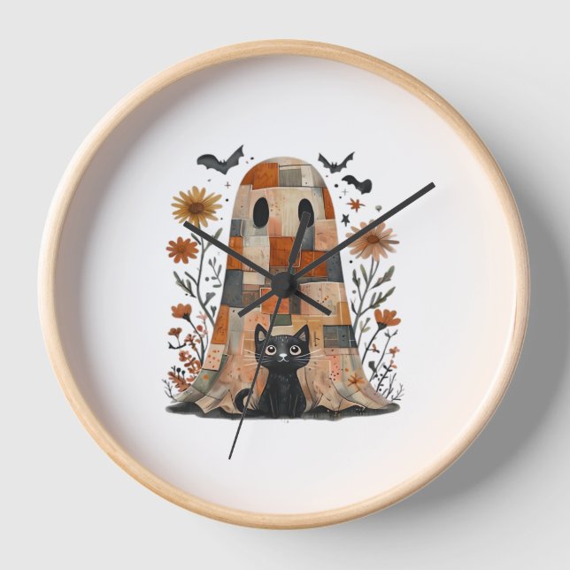 Patchwork Halloween Ghost und Cat , Retro Spooky F Uhr (Vorderseite)
