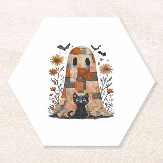 Patchwork Halloween Ghost und Cat , Retro Spooky F Untersetzer (Vorderseite)