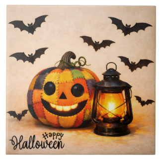 Patchwork-Halloween-Kürbis mit Laterne Fliese