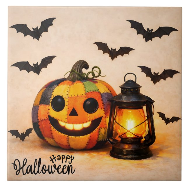 Patchwork-Halloween-Kürbis mit Laterne  Fliese (Vorderseite)