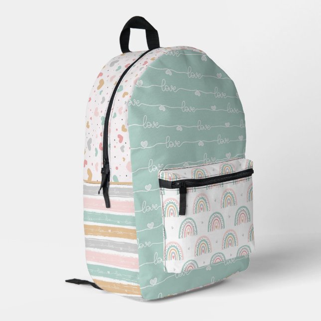 Patchwork Hearts Rainbow Pastel Kids Backpack Bedruckter Rucksack (Rückseitige Ecke links)