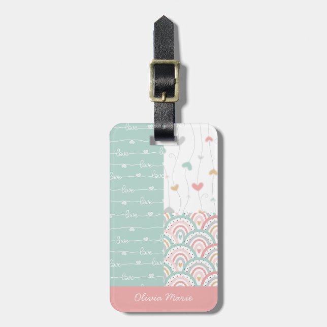 Patchwork Hearts Rainbow Pastel Kids Gepäckmarke Gepäckanhänger (Vorderseite vertikal)