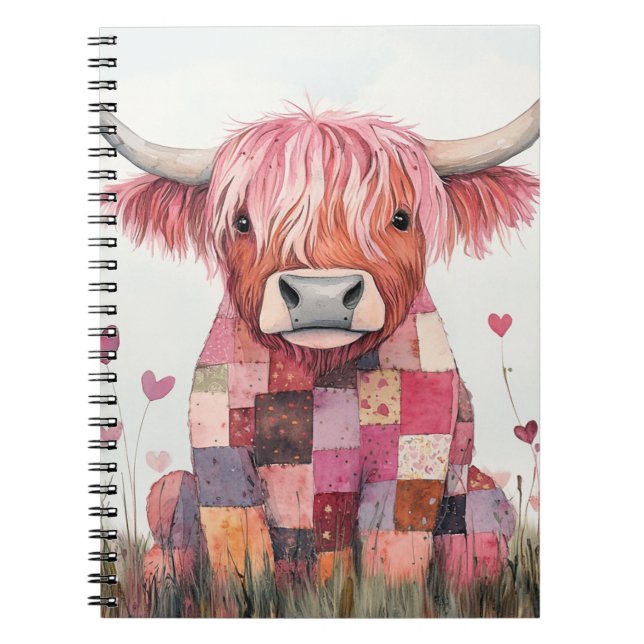 Patchwork Highland Cow Valentine Notizblock (Vorderseite)