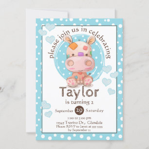 Patchwork Hippo Child's Blue Birthday Einladung