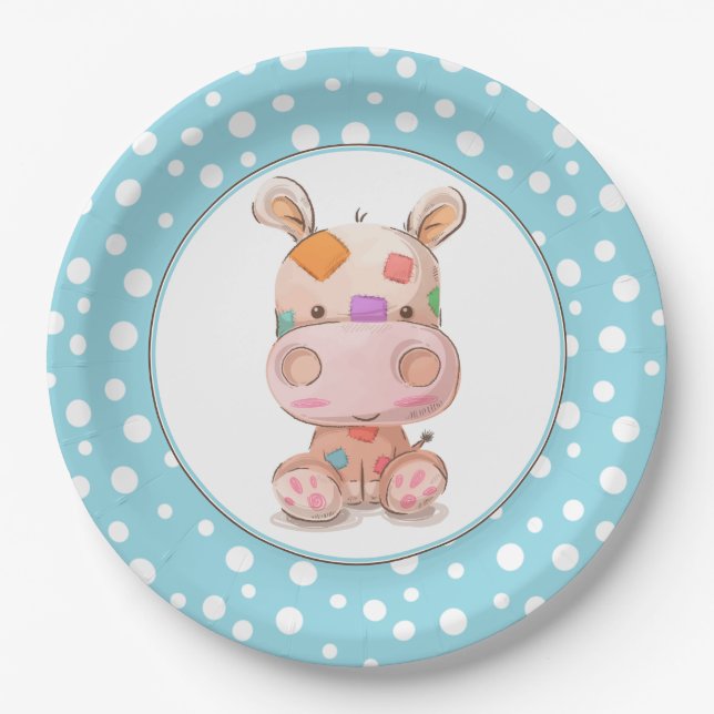 Patchwork Hippo Child's Blue Birthday Pappteller (Vorderseite)