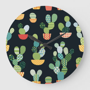 Patchwork-Kaktus-Pflanze Nahtloses Muster Große Wanduhr