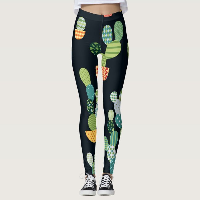 Patchwork-Kaktus-Pflanze Nahtloses Muster Leggings (Vorderseite)
