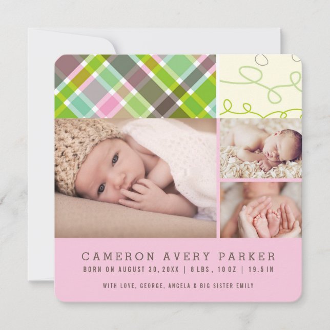 Patchwork Karos Baby Girl Birth Announccard Ankündigung (Vorderseite)