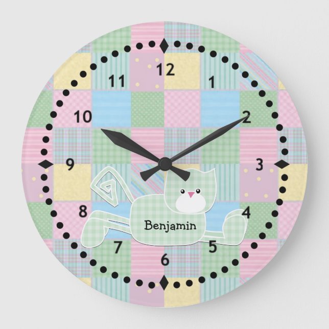 Patchwork Kitt Kinderzimmer Wall Clock Große Wanduhr (Vorderseite)