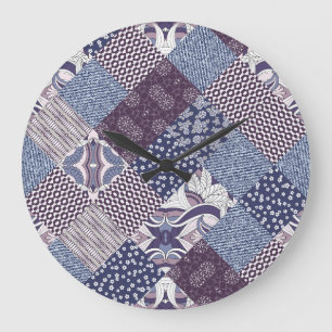 Patchwork-Kritzelei: Nahtloses Vintage-Boho-Muster Große Wanduhr