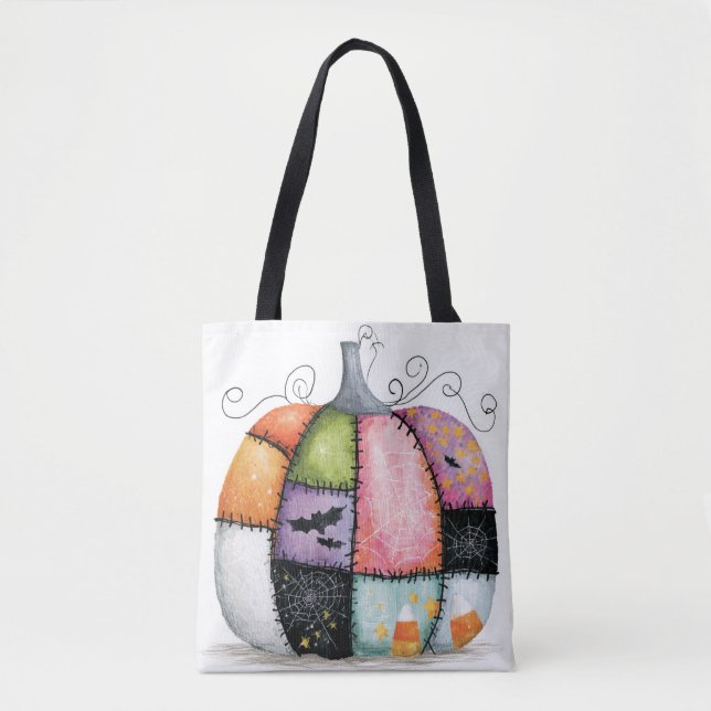 Patchwork-Kürbis-Weiß-Halloween Tasche (Vorderseite)